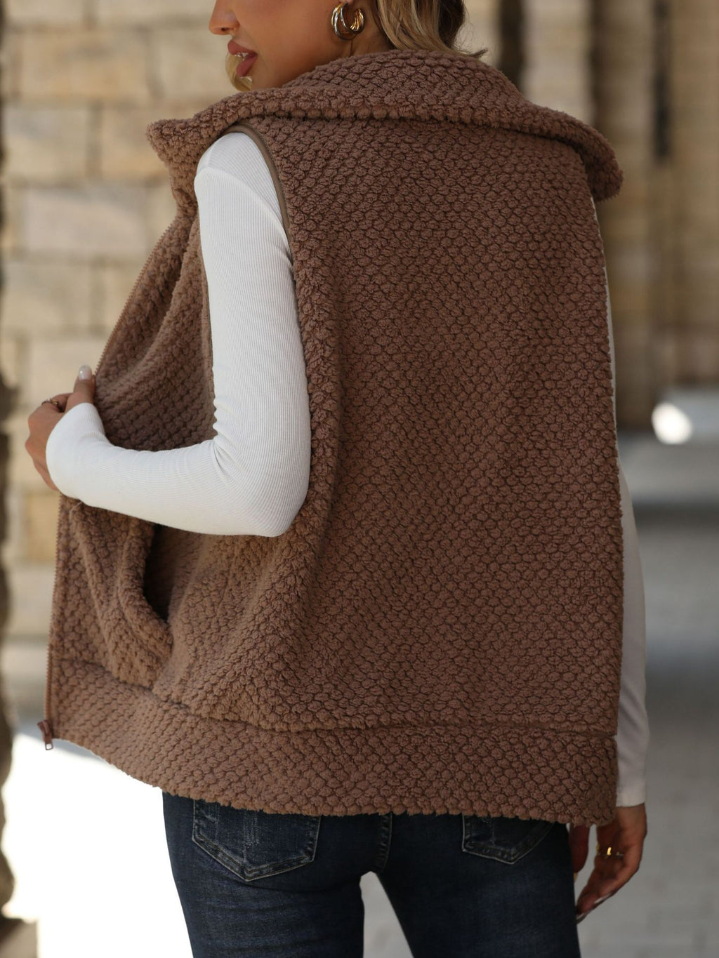 Hooded Teddy Fleece Vest With Zip Pockets - Brown - 2