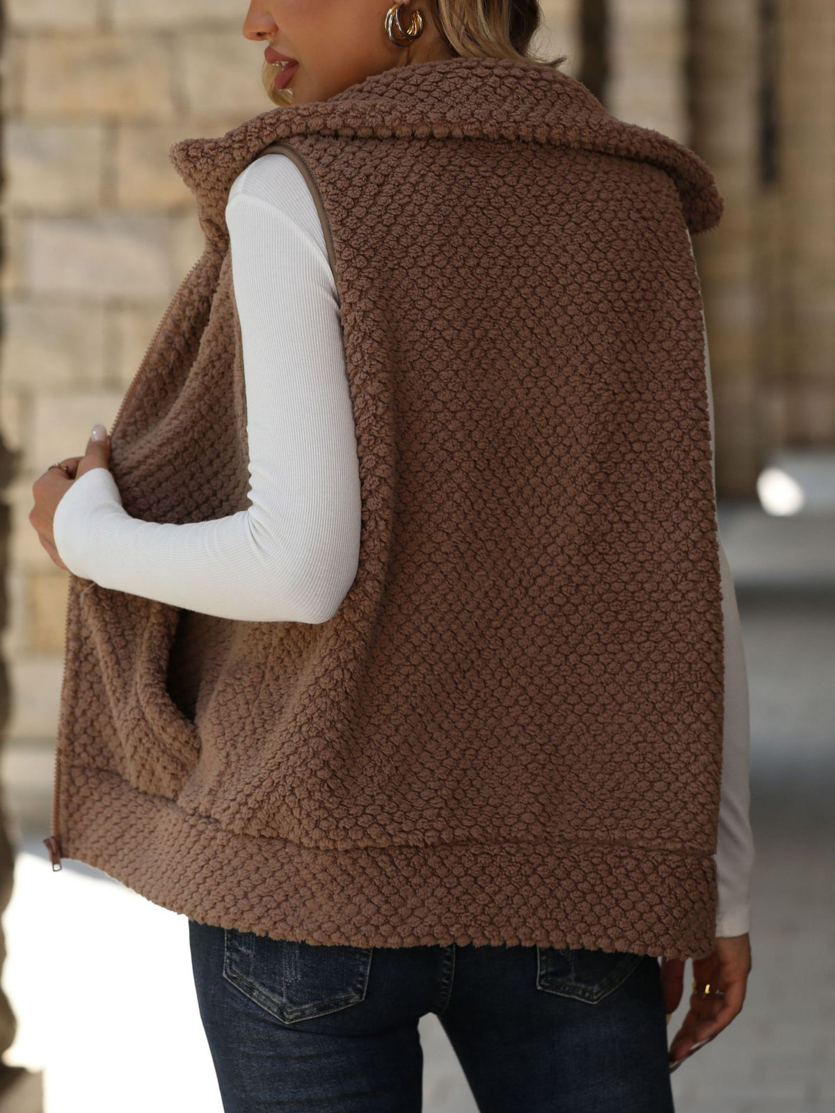 Hooded Teddy Fleece Vest With Zip Pockets - Brown - 2