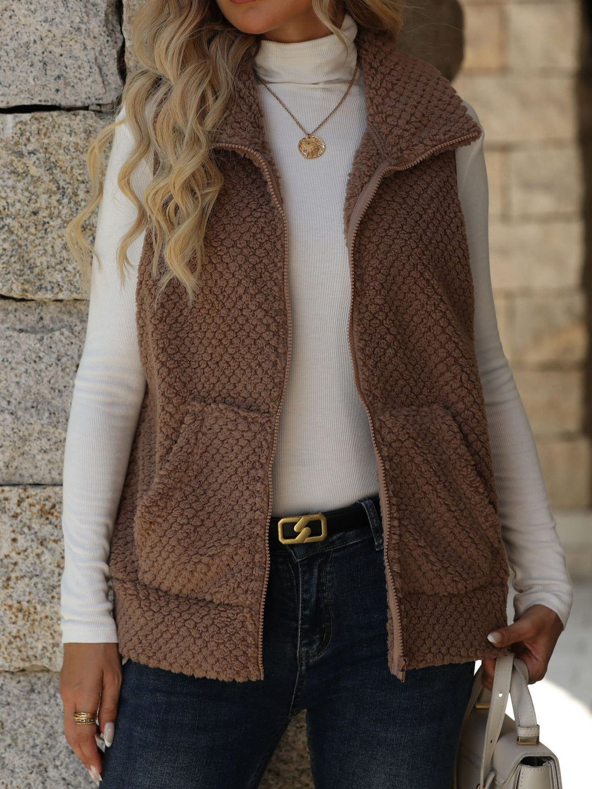 Hooded Teddy Fleece Vest With Zip Pockets - Brown - 3