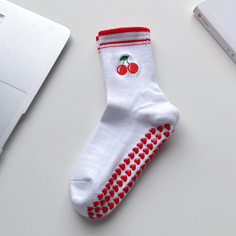 Embroidered Fruit Crew Socks With Grip Sole - Cherry