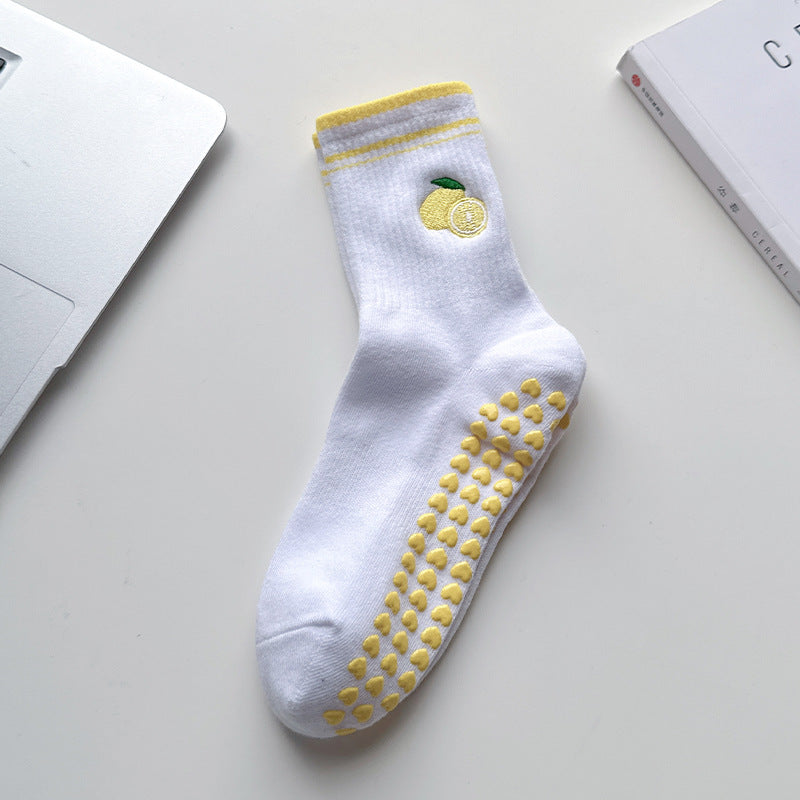 Embroidered Fruit Crew Socks With Grip Sole - Lemon