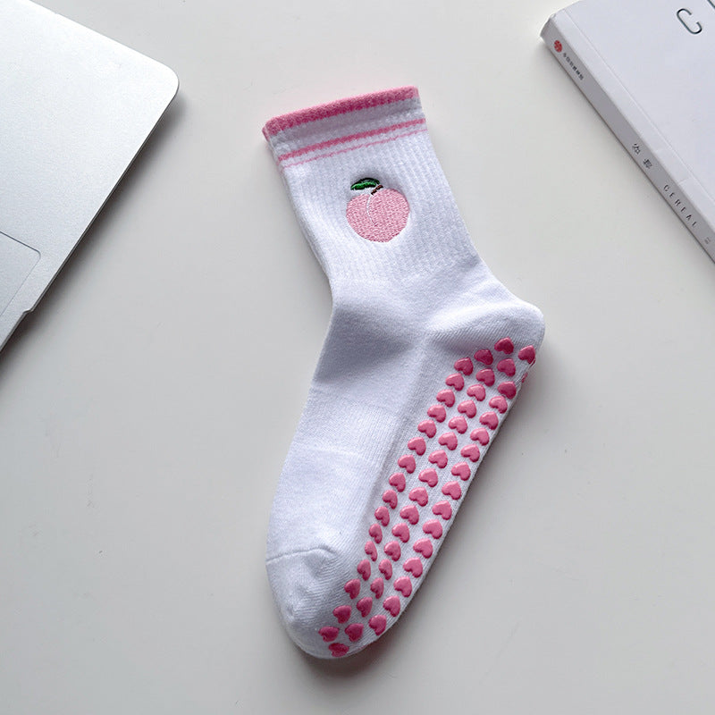 Embroidered Fruit Crew Socks With Grip Sole - Peach