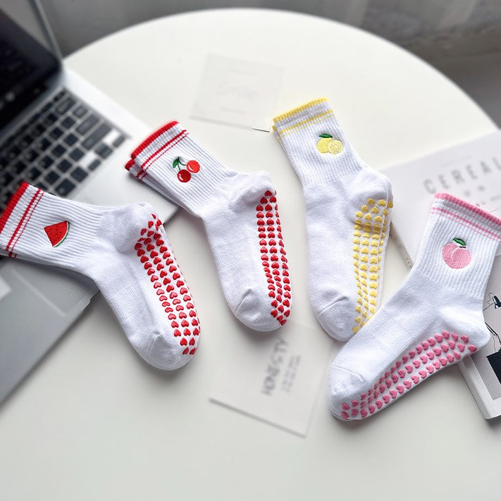 Embroidered Fruit Crew Socks With Grip Sole - RAvocado - 3