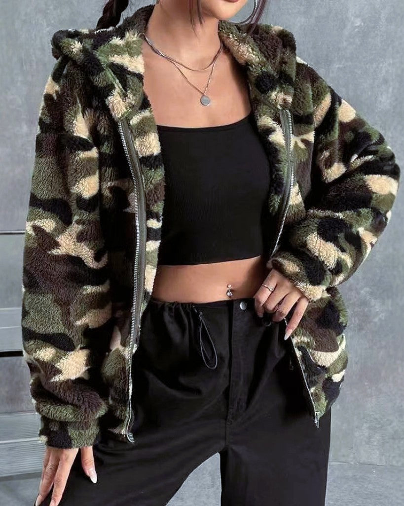 Camo Print Sherpa Hooded Zip Coat - Green