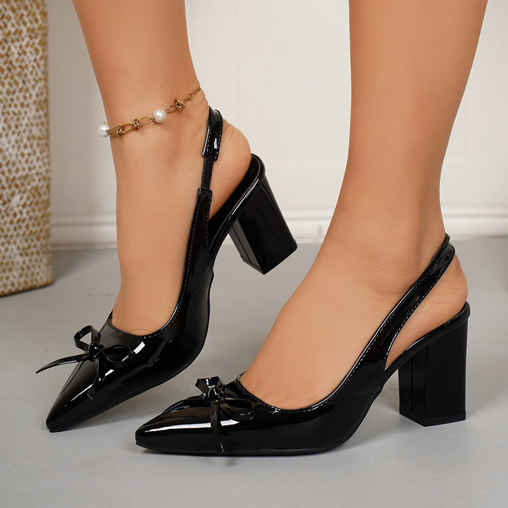 Pointed Toe Bow Slingback Block Heel Pumps