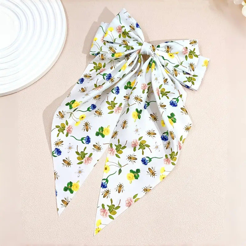 Floral Chiffon Bow Hair Barrette - white