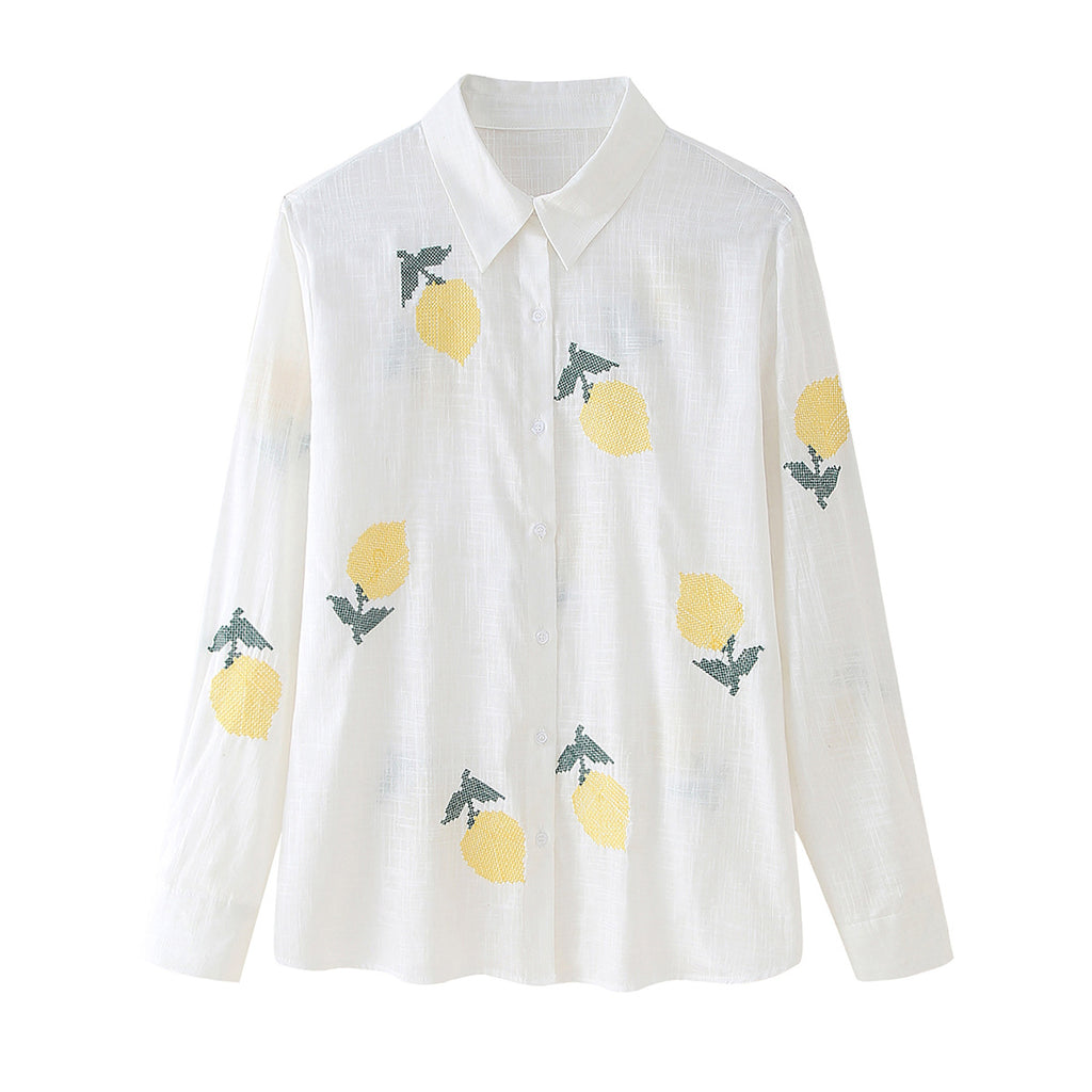Lemon Embroidered Button Down Shirt - White