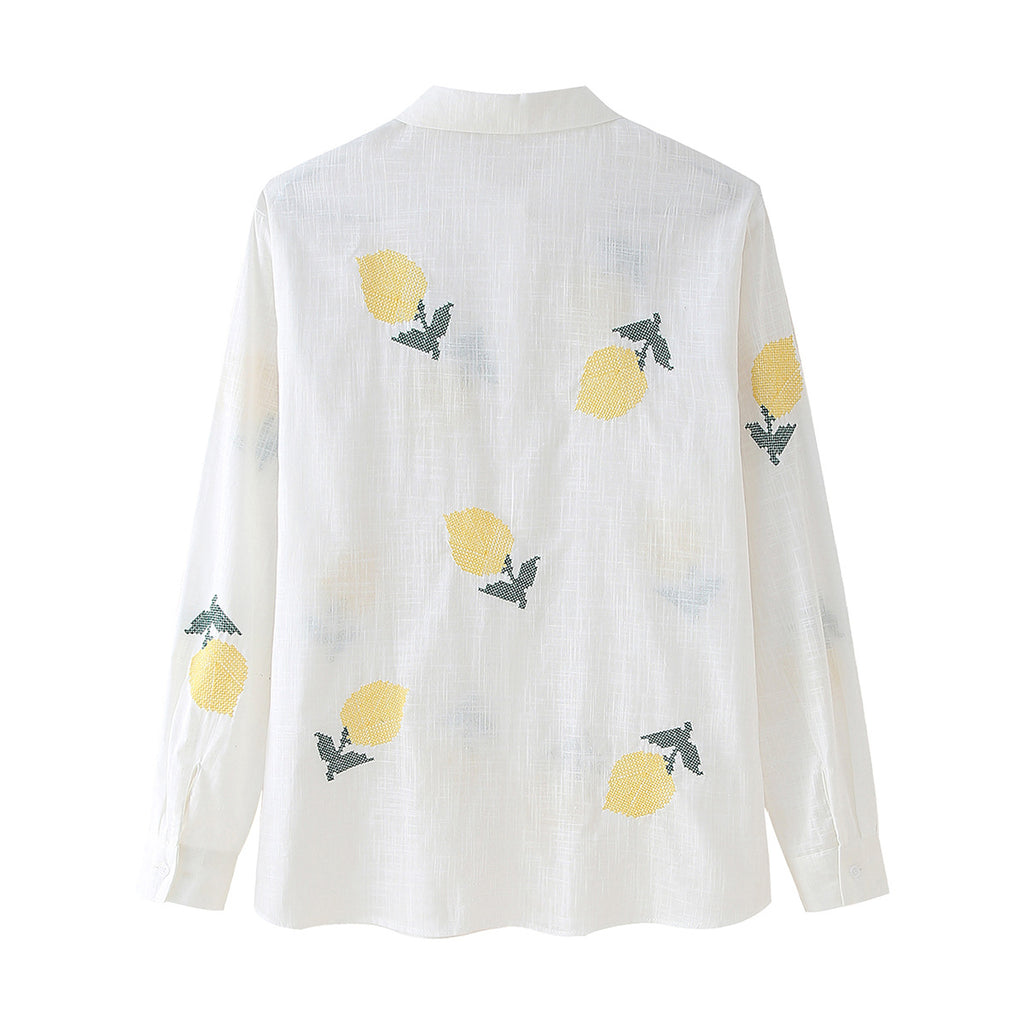 Lemon Embroidered Button Down Shirt - White - 1