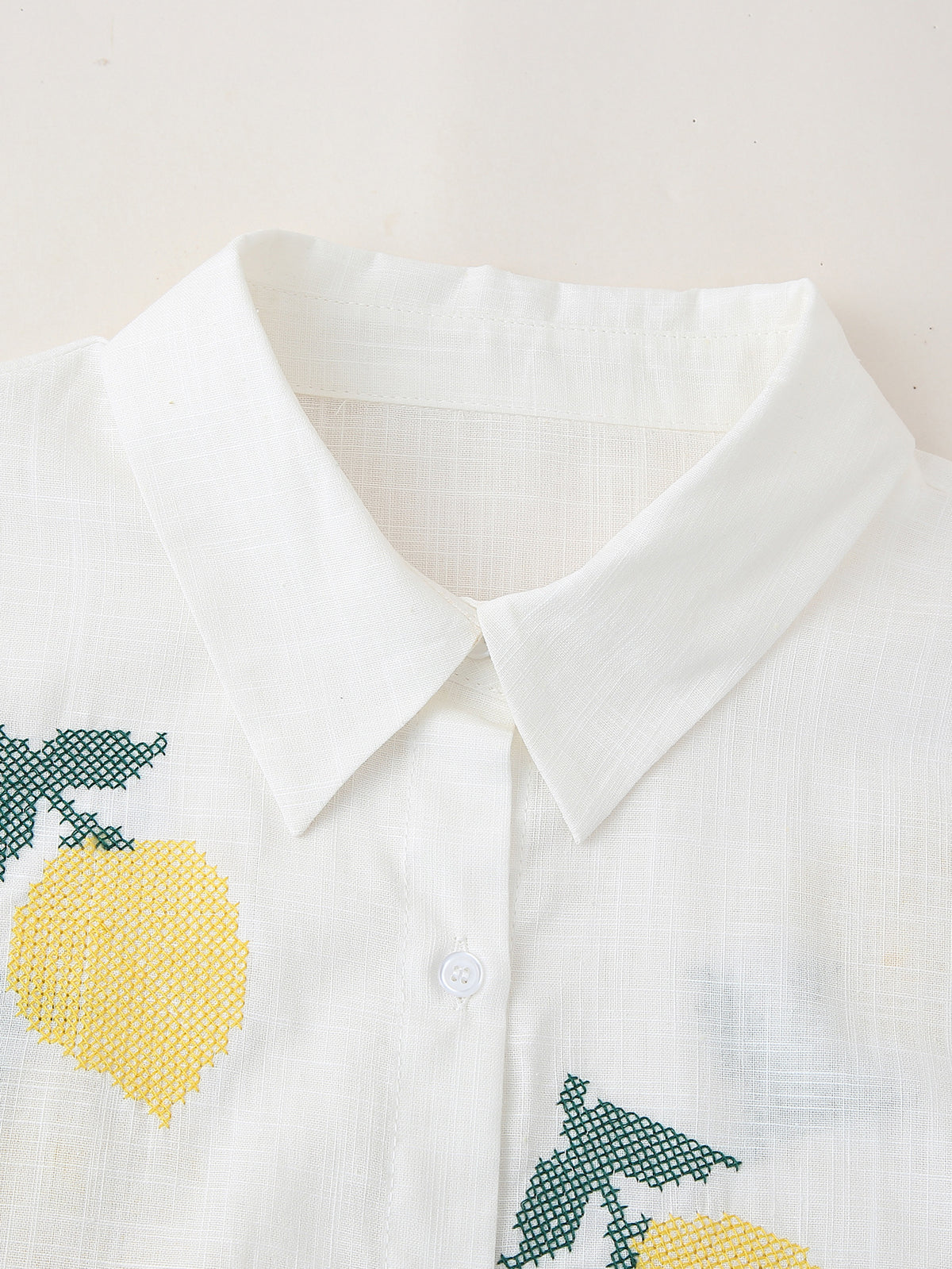 Lemon Embroidered Button Down Shirt - White - 2