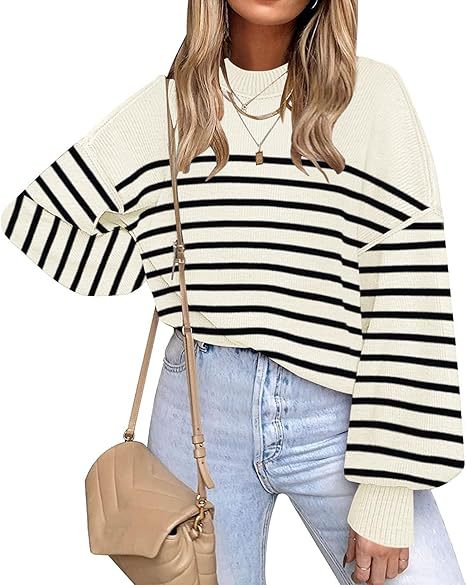 Oversized Striped Drop Shoulder Knit Sweater - Beige