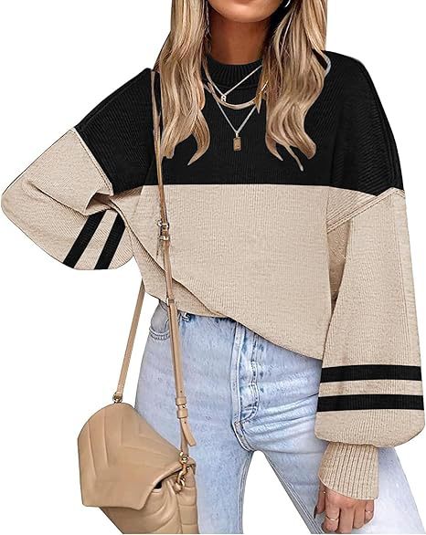 Oversized Striped Drop Shoulder Knit Sweater - Black_A