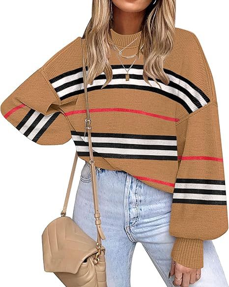Oversized Striped Drop Shoulder Knit Sweater - Camel