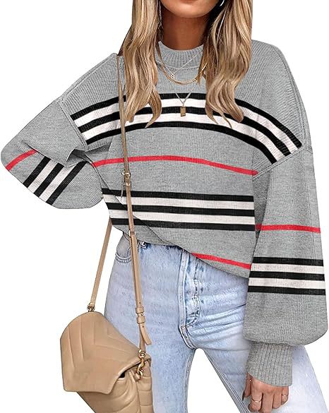 Oversized Striped Drop Shoulder Knit Sweater - Grey