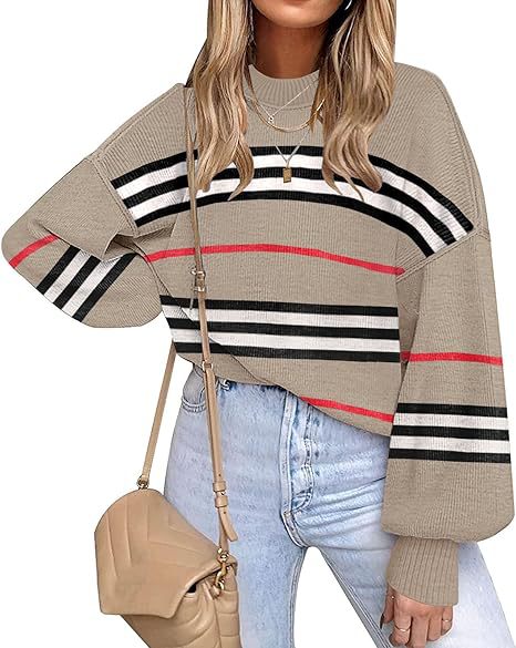 Oversized Striped Drop Shoulder Knit Sweater - Khaki