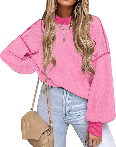 Oversized Striped Drop Shoulder Knit Sweater - Pink
