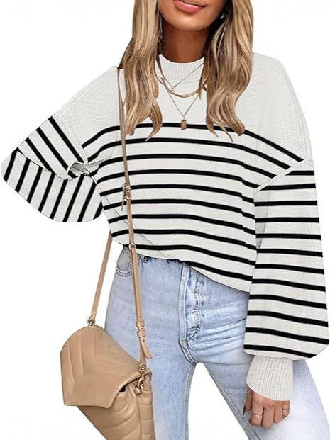 Oversized Striped Drop Shoulder Knit Sweater - White
