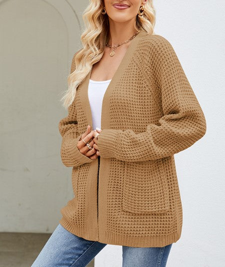 Waffle Knit Open Cardigan With Pockets - Brown