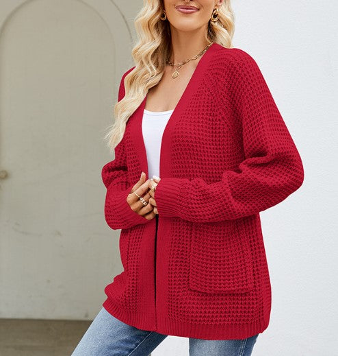 Waffle Knit Open Cardigan With Pockets - Red