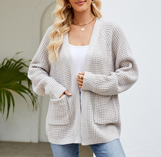 Waffle Knit Open Cardigan With Pockets
