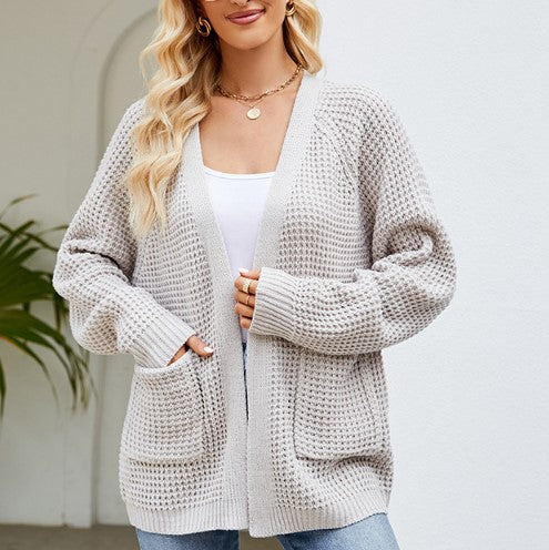Waffle Knit Open Cardigan With Pockets - grey
