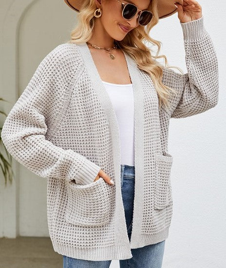 Waffle Knit Open Cardigan With Pockets - grey - 1