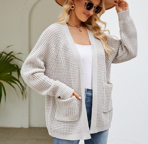 Waffle Knit Open Cardigan With Pockets - grey - 2