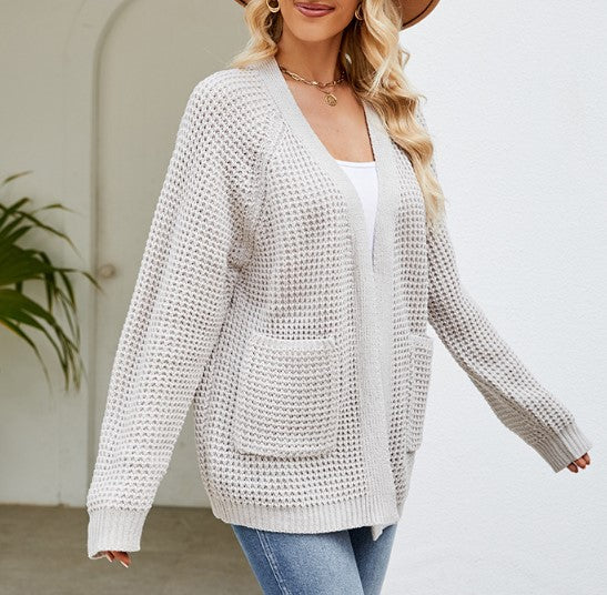 Waffle Knit Open Cardigan With Pockets - grey - 3