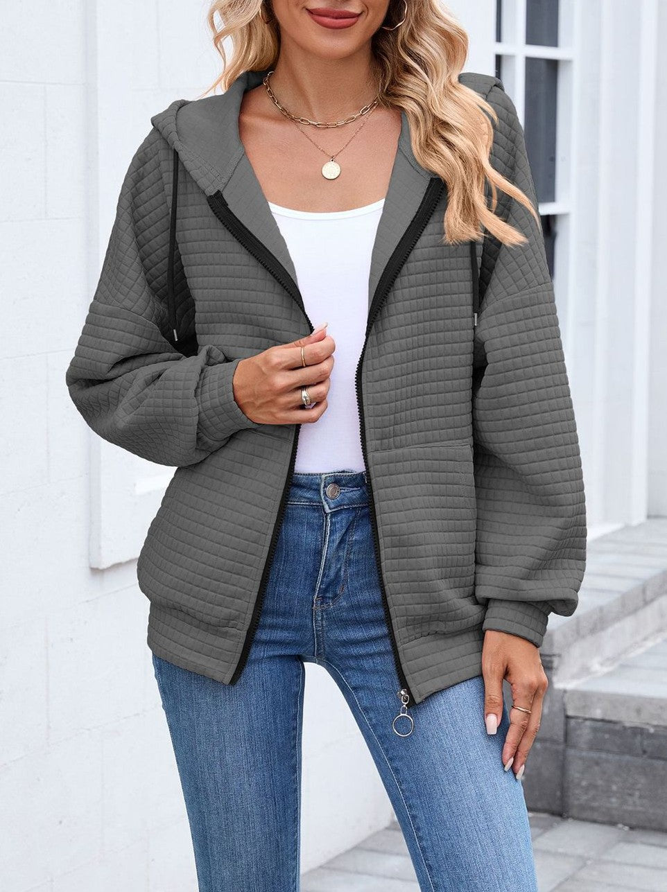 Waffle Textured Zip Up Hooded Jacket - DarkGrey