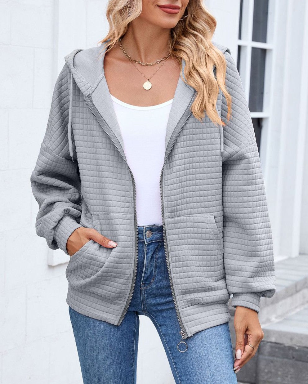 Waffle Textured Zip Up Hooded Jacket - Grey
