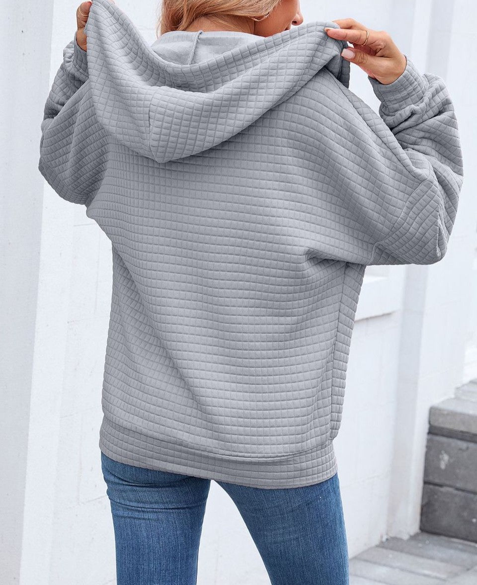 Waffle Textured Zip Up Hooded Jacket - Grey - 1