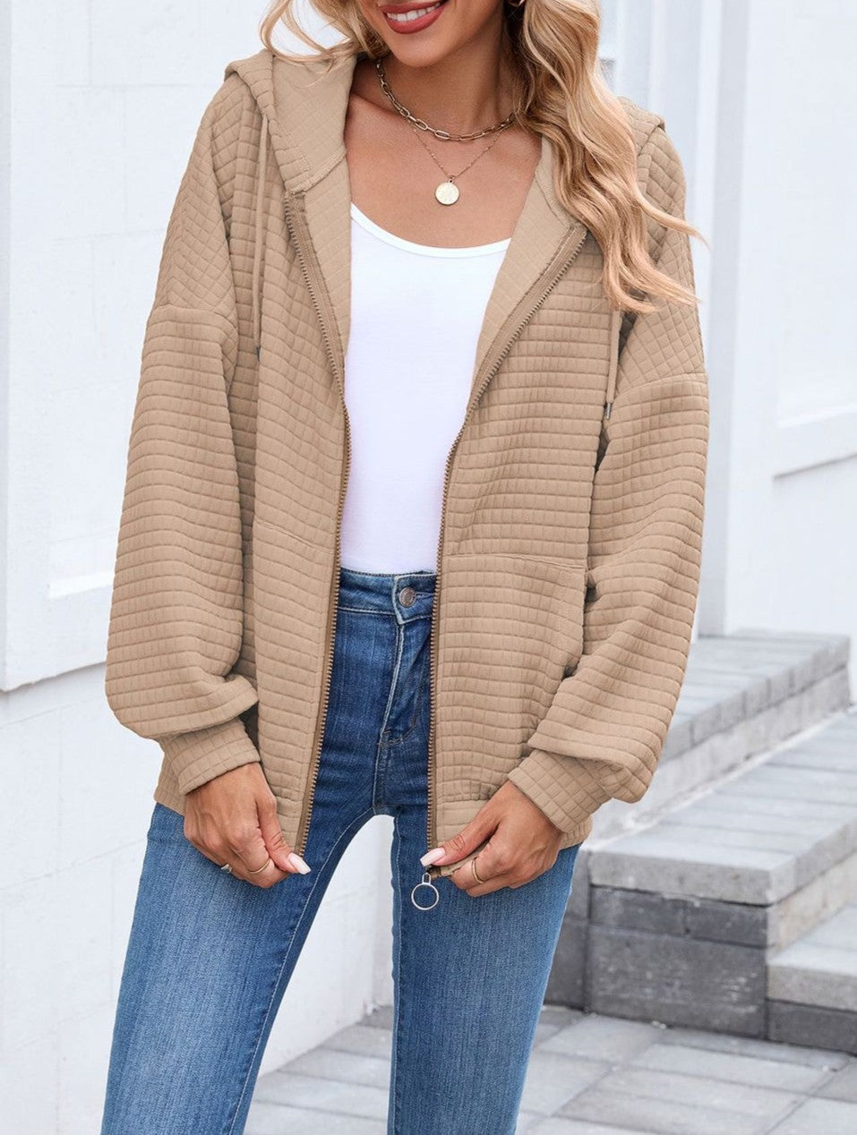 Waffle Textured Zip Up Hooded Jacket - Khaki