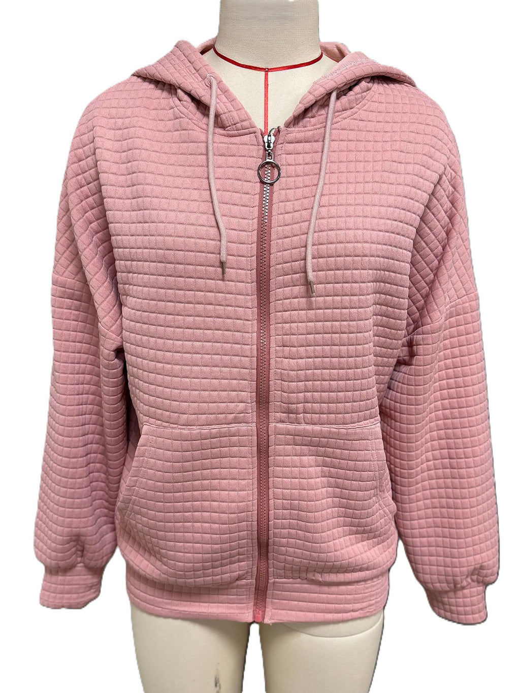Waffle Textured Zip Up Hooded Jacket - Pink