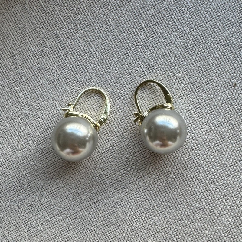 Oversized Pearl Drop Lever Back Earrings - Grey