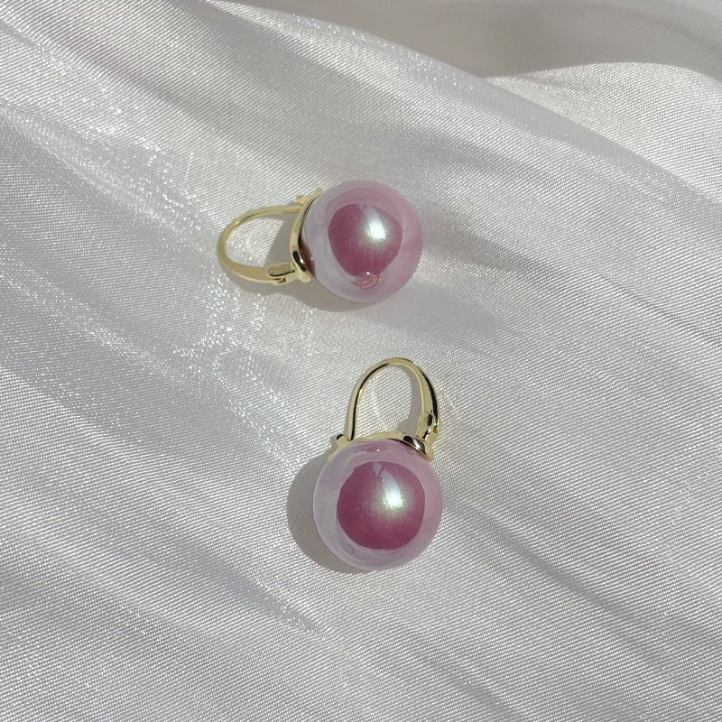 Oversized Pearl Drop Lever Back Earrings - Purple