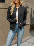 Textured Knit Zip Up Bomber Cardigan with Ribbed Trim - Black