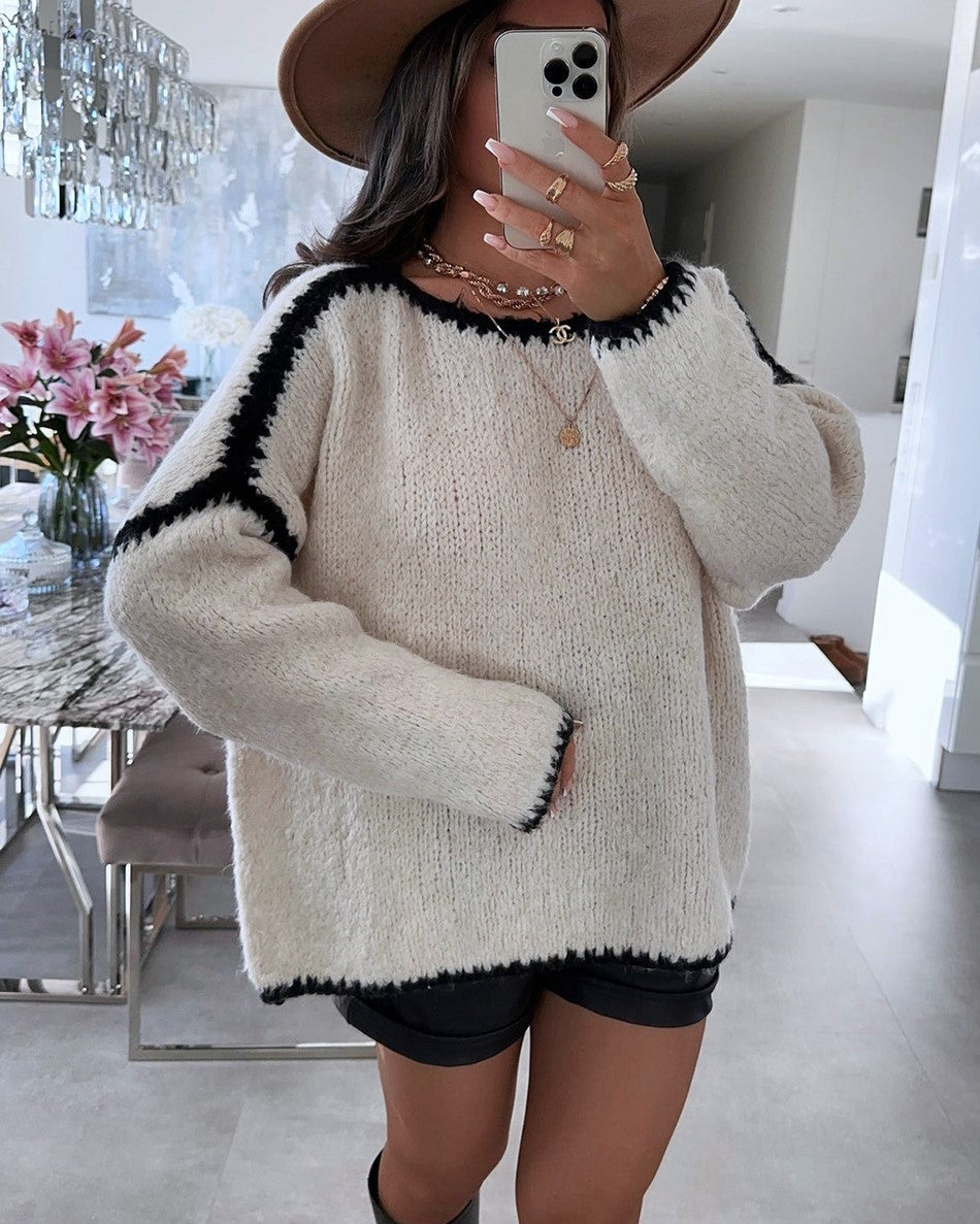 Contrast Whipstitch Oversized Crewneck Knit Sweater - Beige