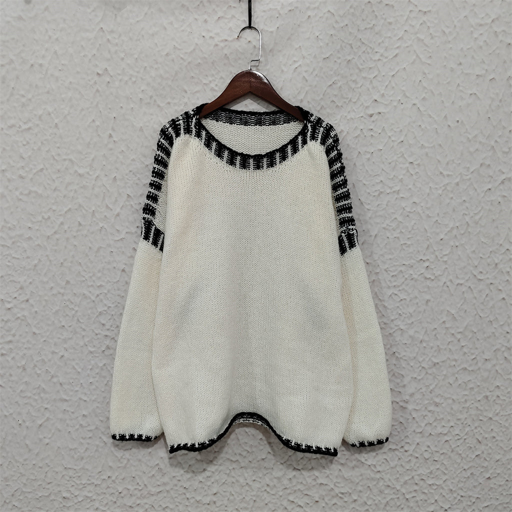 Contrast Whipstitch Oversized Crewneck Knit Sweater - Beige - 1