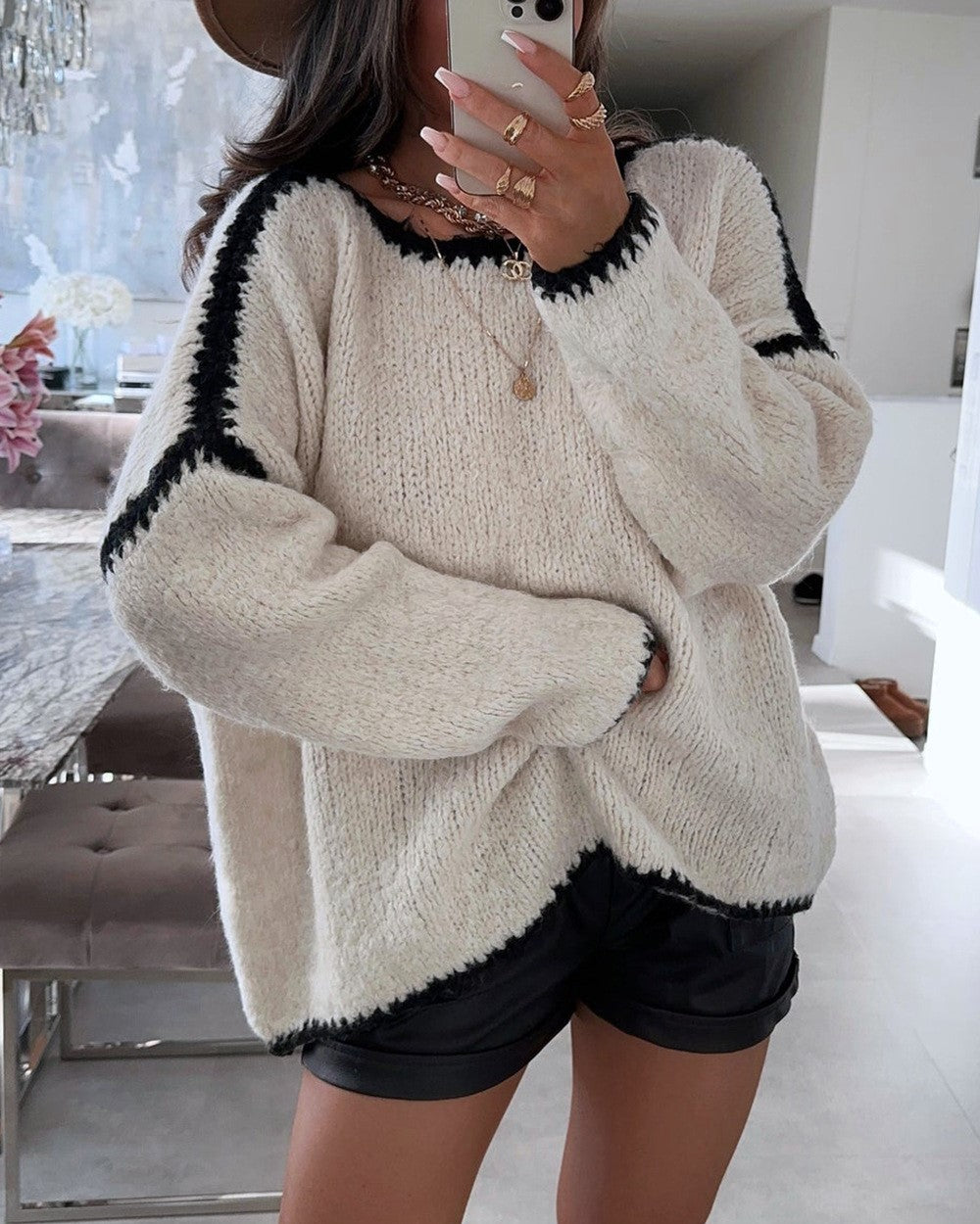 Contrast Whipstitch Oversized Crewneck Knit Sweater - Beige - 2