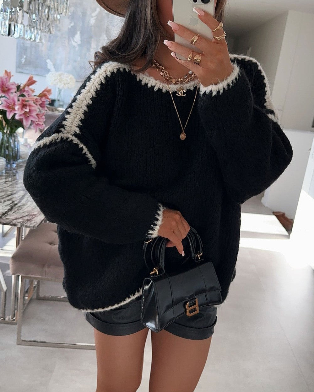 Contrast Whipstitch Oversized Crewneck Knit Sweater - Black