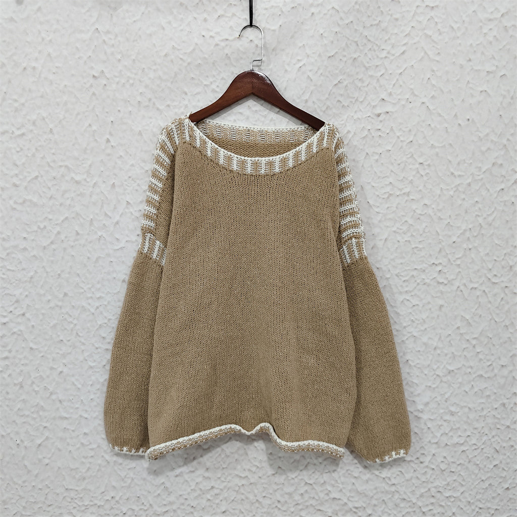 Contrast Whipstitch Oversized Crewneck Knit Sweater - Khaki