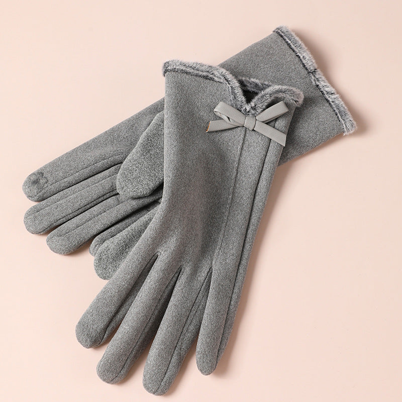 Velvet Bow Touchscreen Fleece Lined Gloves - Grey