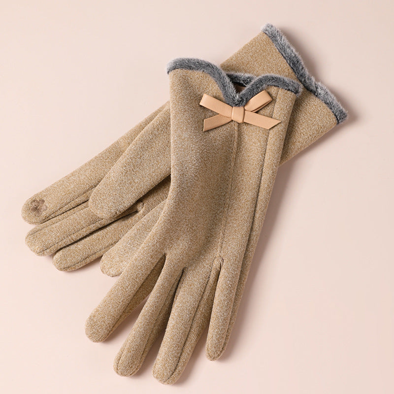 Velvet Bow Touchscreen Fleece Lined Gloves - Khaki