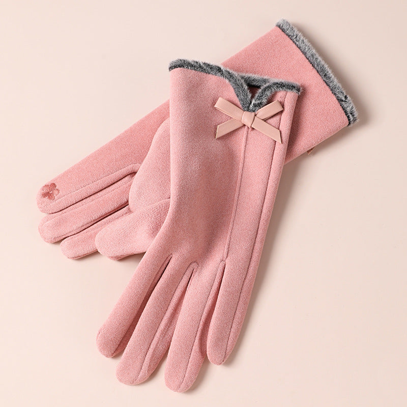 Velvet Bow Touchscreen Fleece Lined Gloves - Pink