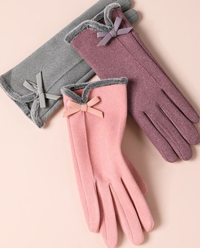 Velvet Bow Touchscreen Fleece Lined Gloves - Pink - 1