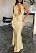 Satin Halter Neck Backless Maxi Dress - Yellow