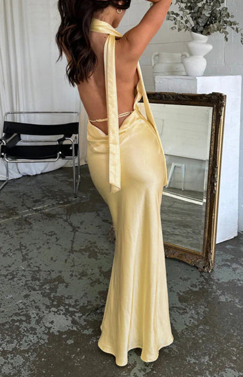 Satin Halter Neck Backless Maxi Dress - Yellow - 1