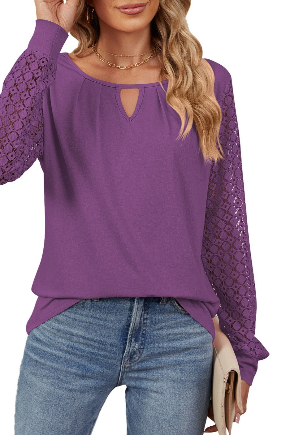 Keyhole Neck Crochet Lace Sleeve Blouse - Purple
