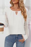 Keyhole Neck Crochet Lace Sleeve Blouse - White
