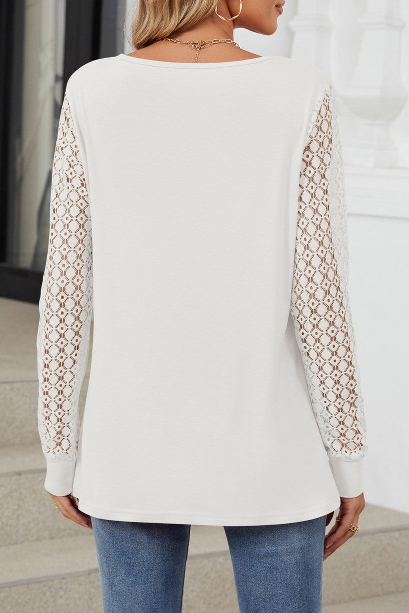Keyhole Neck Crochet Lace Sleeve Blouse - White - 6