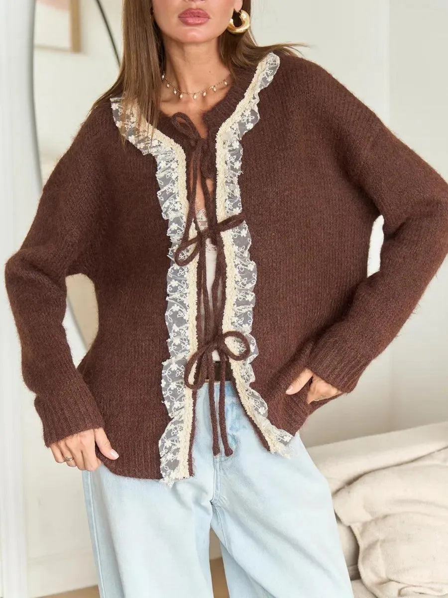 Lace Trim Tie Front Knit Cardigan - Brown